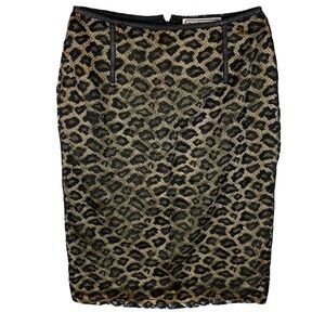 CARLISLE Leopard Lace Pencil Skirt Black Gold Leather Trim Knee Length Size 4